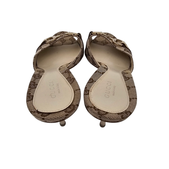 Gucci GG Logo Monogram Canvas Horsebit Mule Heel Size 9.5 Beige Brown Silver - Picture 3 of 9